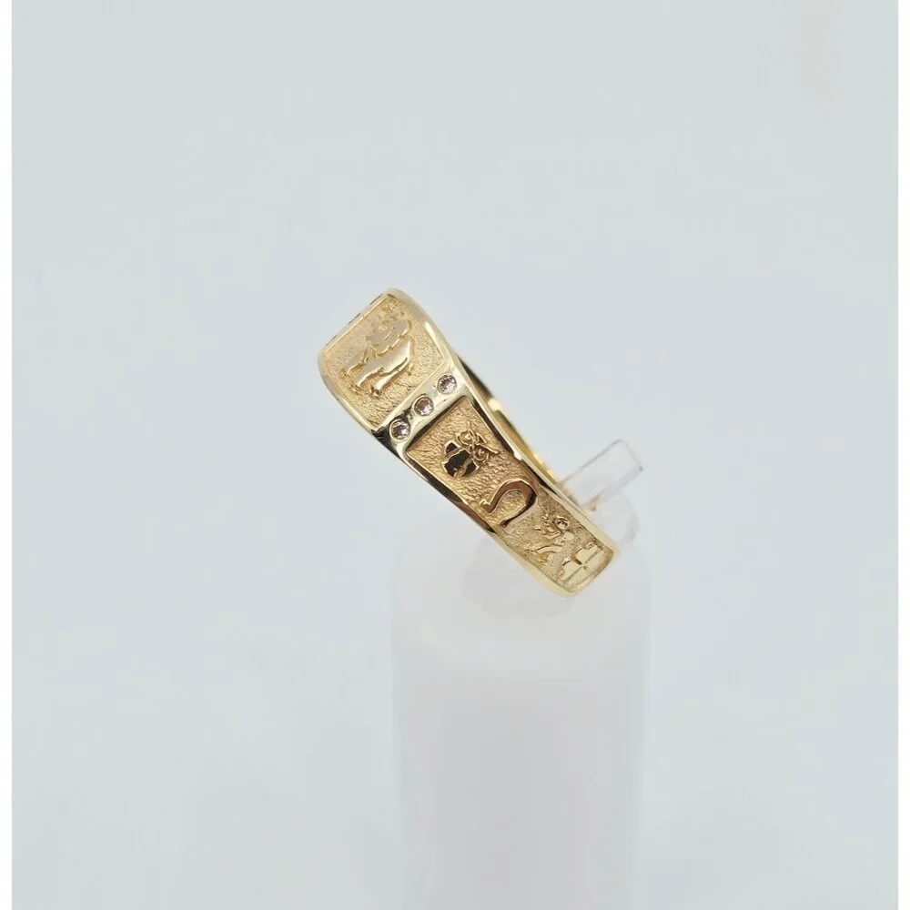 Unique 14K Karat Solid Yellow Gold Designer Lucky Symbols CZ Ring - Size 14